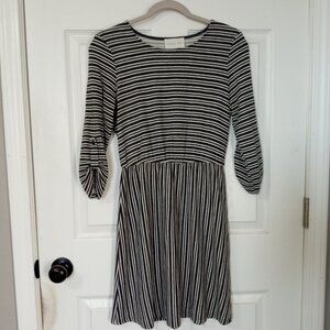 French Grey dress, size M, knee length, grey and white striped